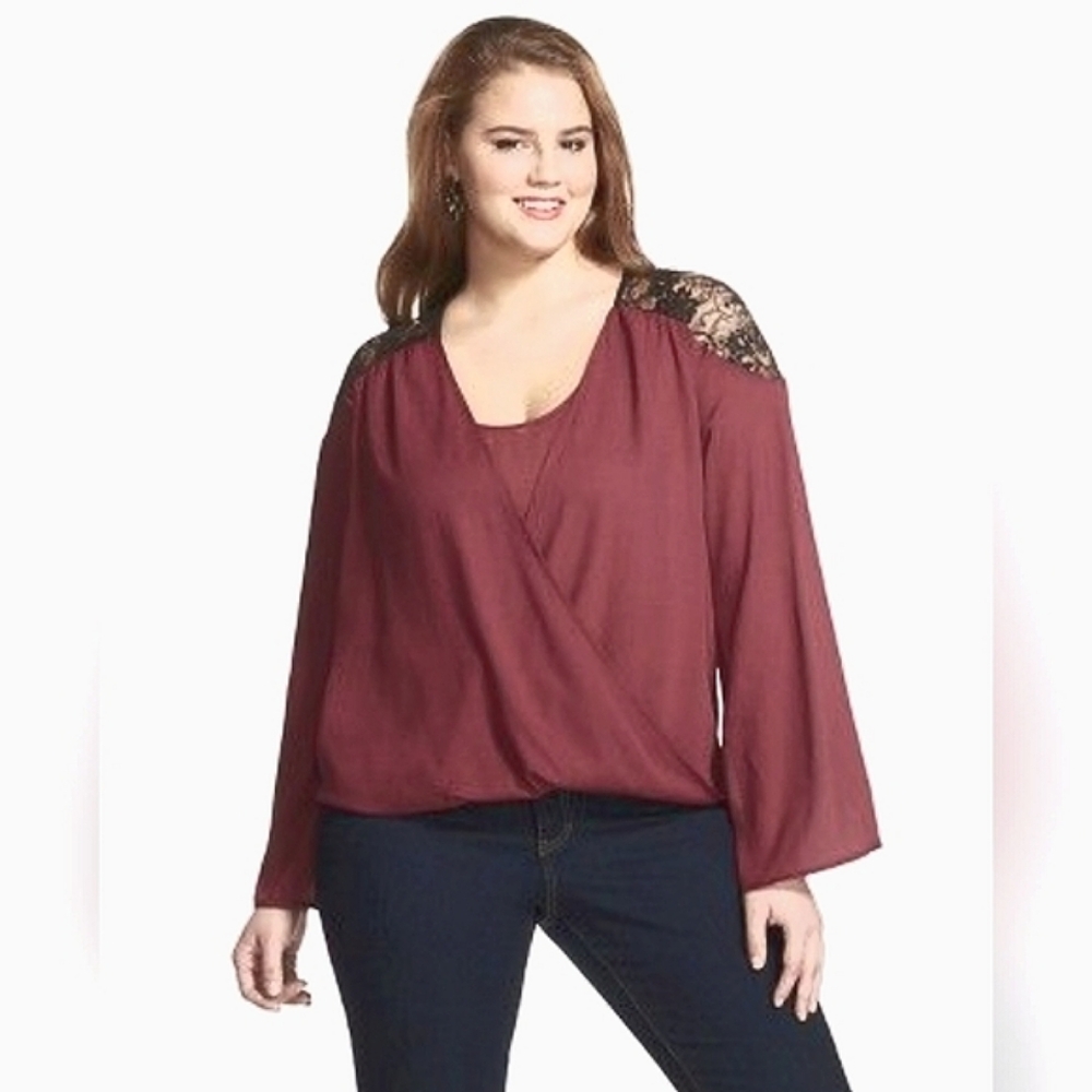 Plus Womens Sheer Burgundy Contrast Floral Lace Wide Sleeve High Low Blouse Sz3X